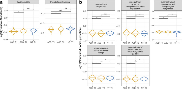 Charts showing specific taxa that increased or decreased after 3 months of personalized synbiotic supplementation, including Bacillus subtilis, Bifidobacterium breve, and Lactobacillus species converging toward neurotypical levels.